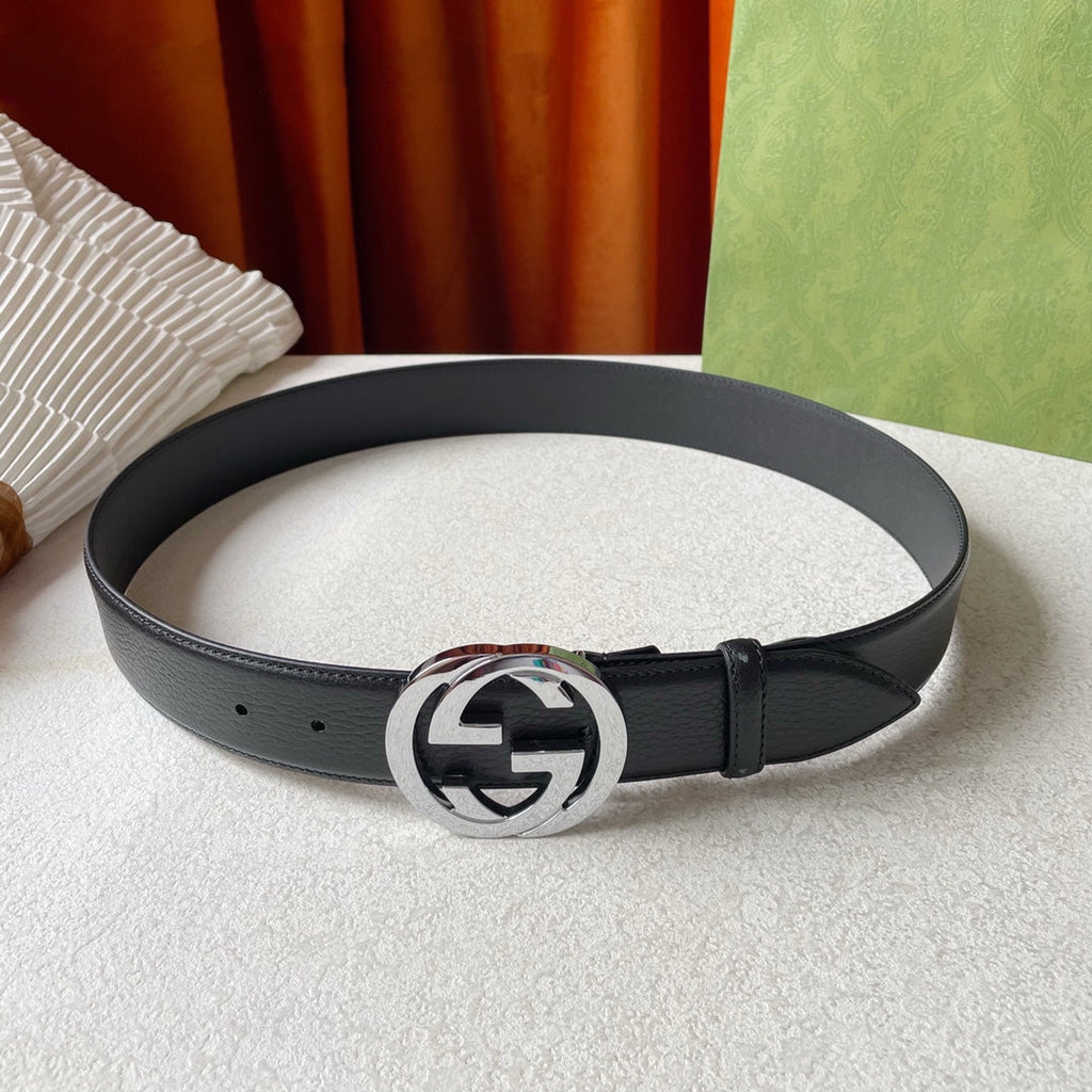 GG BELT INTERLOCKING G BUCKLE BLACK LEATHER