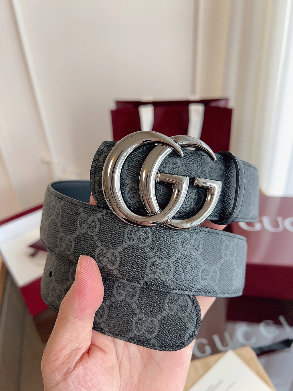 Gucci Belt Double G Blunt Copper Buckle 40mm Slate Gray Leather Canvas