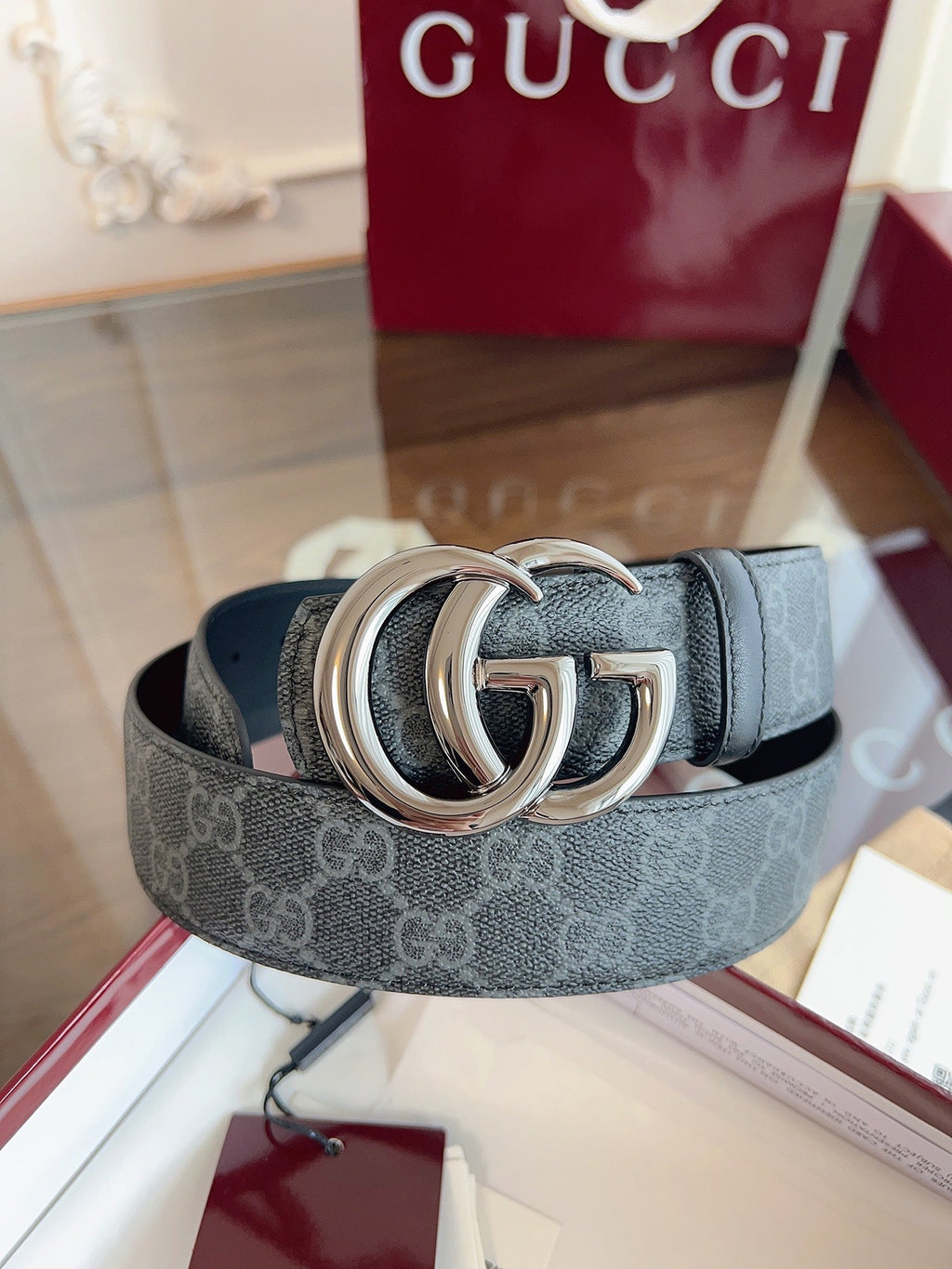 Gucci Belt Double G Blunt Copper Buckle 40mm Slate Gray Leather Canvas