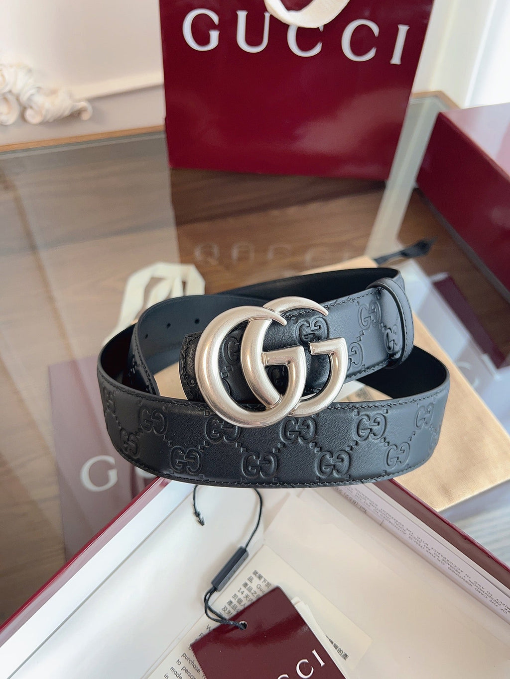 Gucci Belt Double G Sliver Buckle 40mm Black Embossed Leather