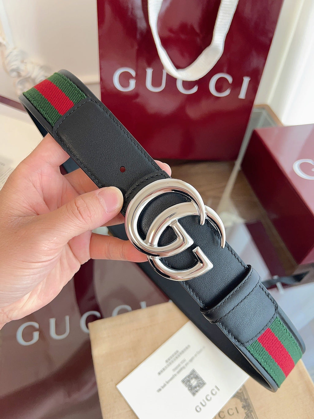 Gucci Belt Double GSliver Buckle 40mm Black Leather With Green Red Canvas