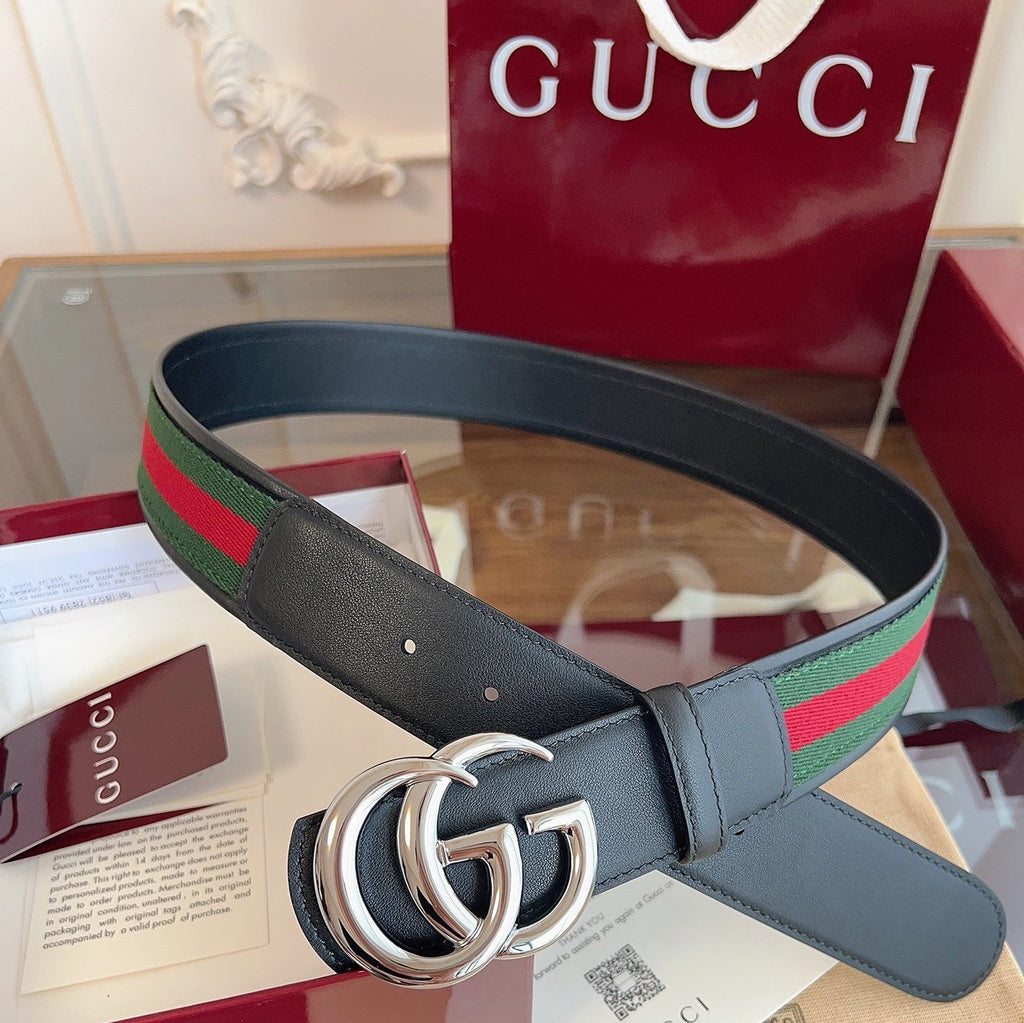 Gucci Belt Double GSliver Buckle 40mm Black Leather With Green Red Canvas