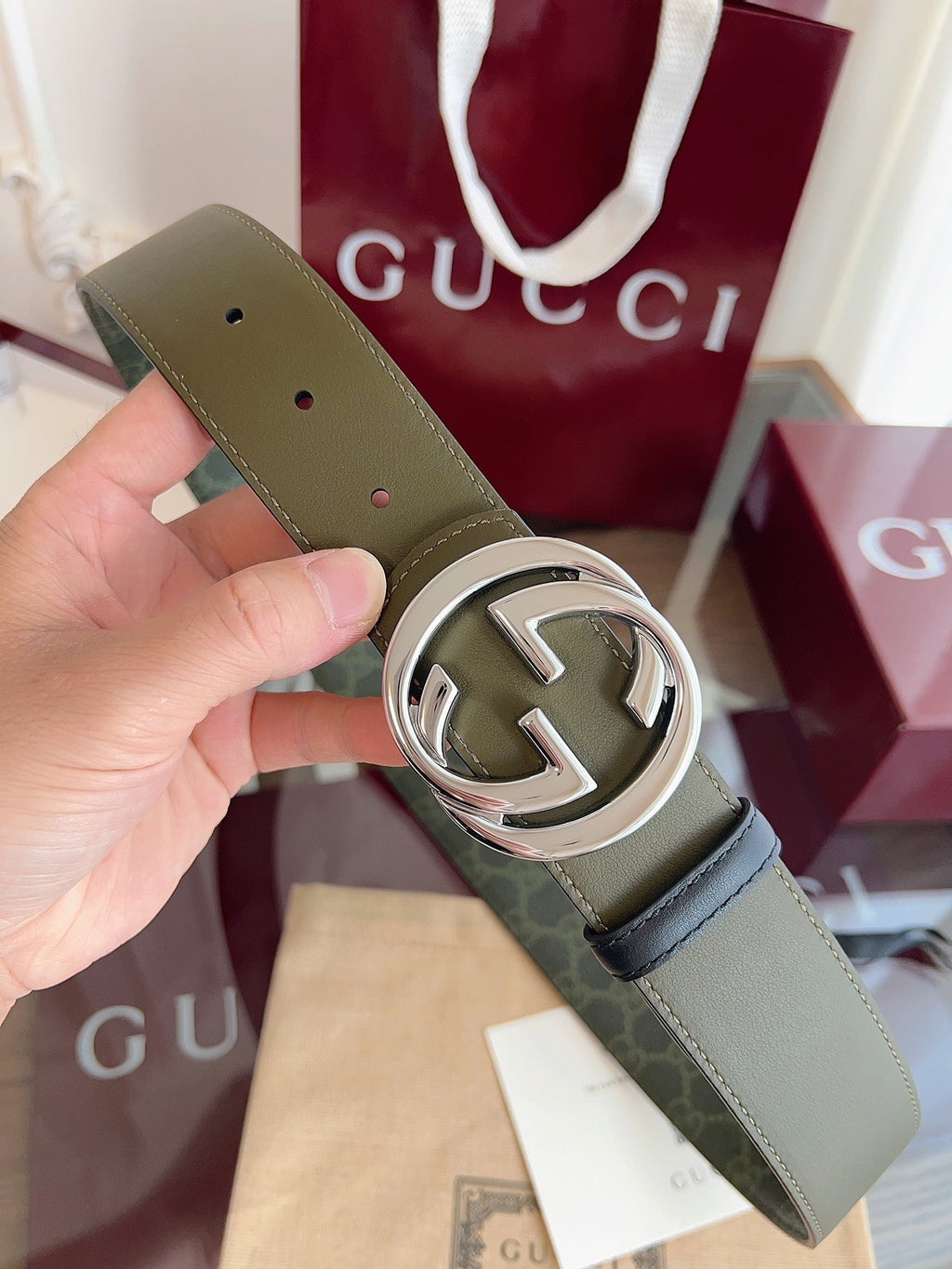 Gucci Supreme Belt Sliver Buckle 40mm Green Leather Canvas