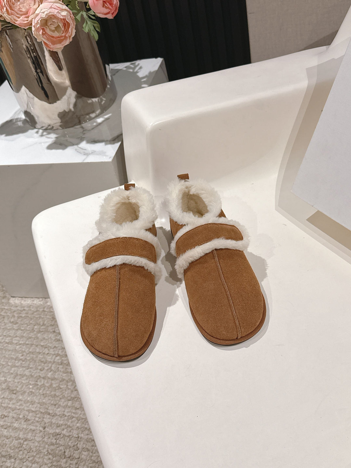 The Row 2025 Furry Shoe Light Brown White Suede Wool 560590