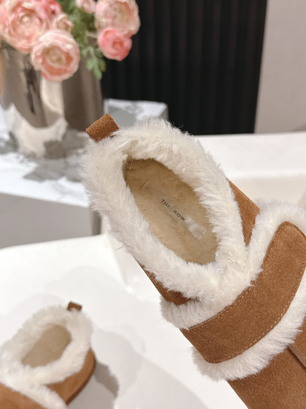 The Row 2025 Furry Shoe Light Brown White Suede Wool 560590